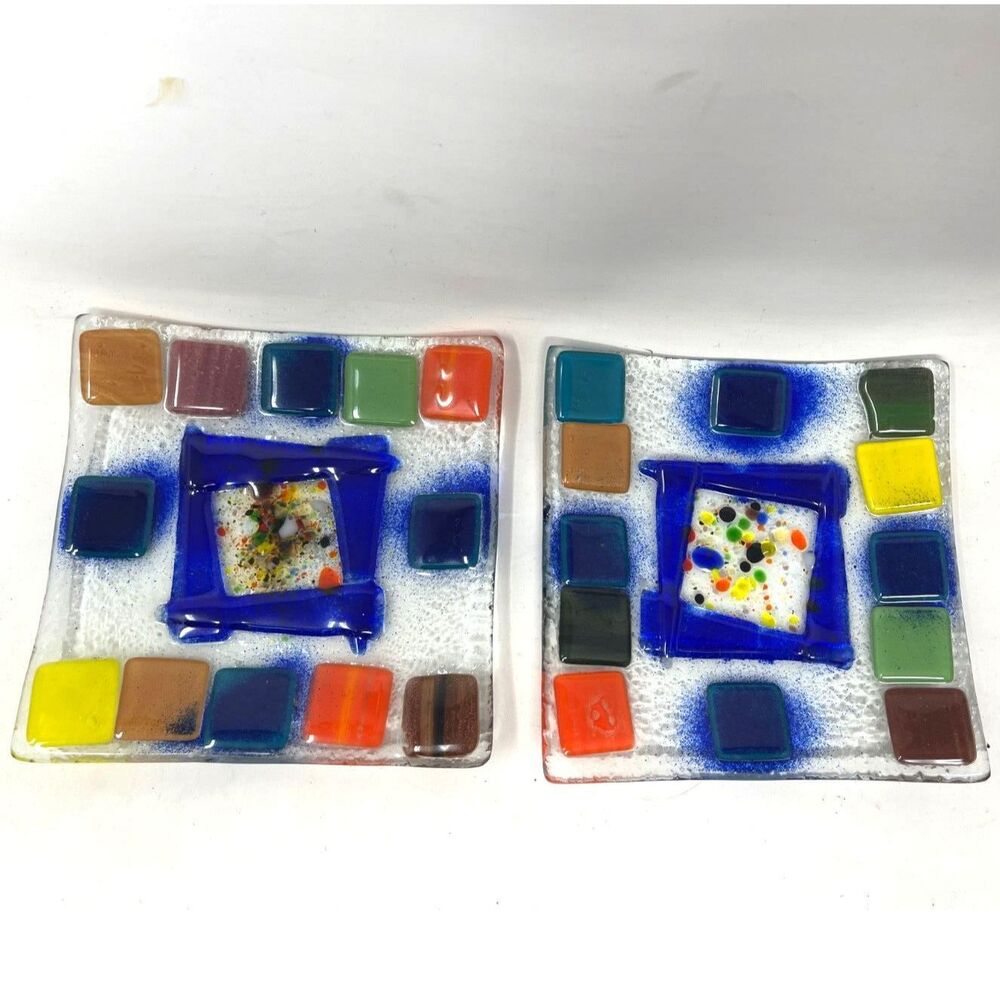 5" Square Fused Art Glass Trinket Dish Unsigned Colorful Murano? 4.5" Set of two